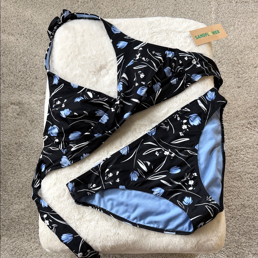 Floral Black and Blue Bikini Set